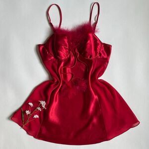 Y2K red slip dress w/feathers